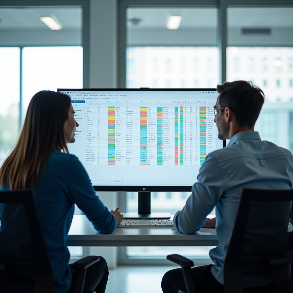 Two people reviewing the ioBudget grid